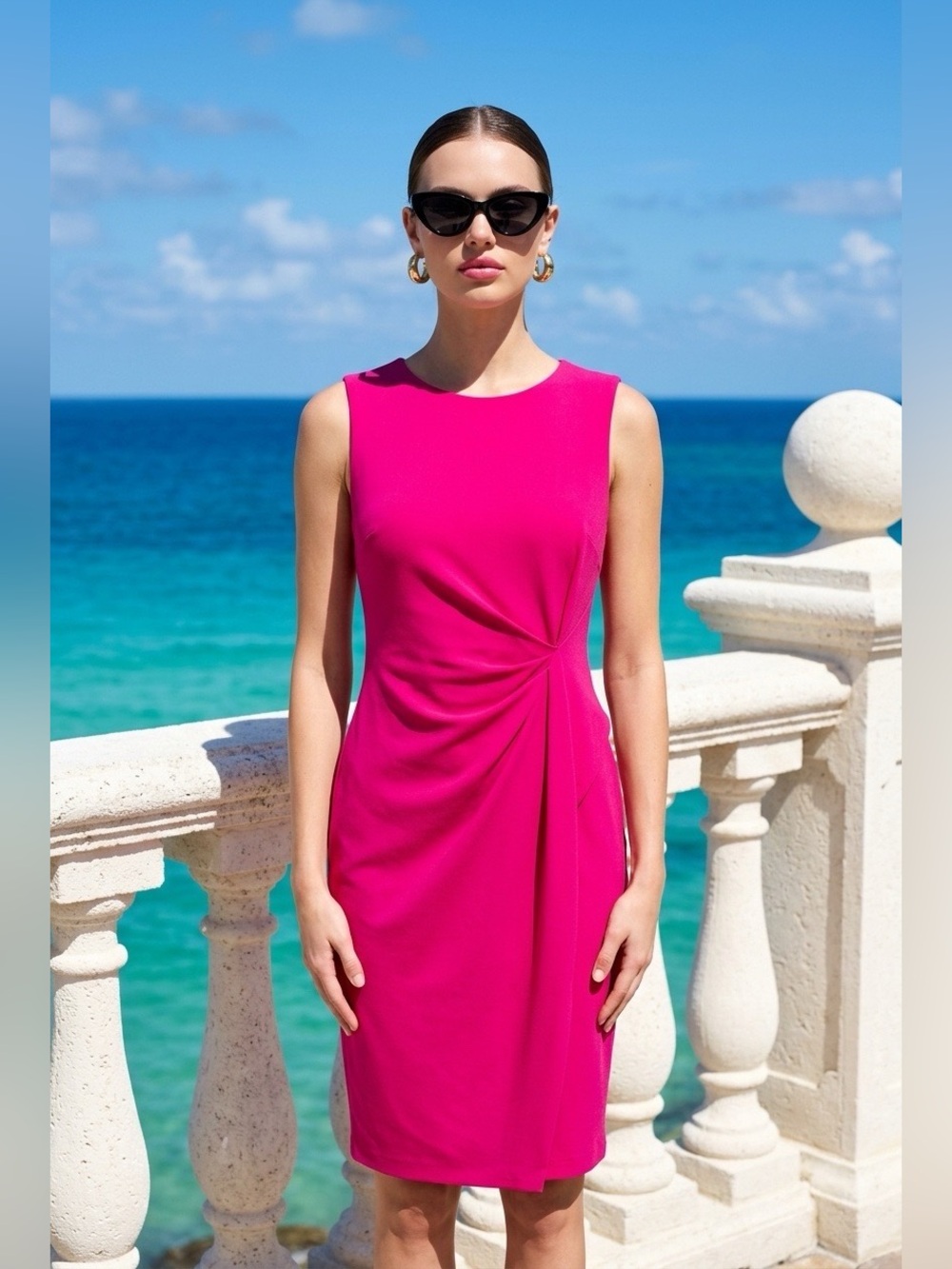 Taylor Sleeveless Magenta Midi Dress with Side Gather